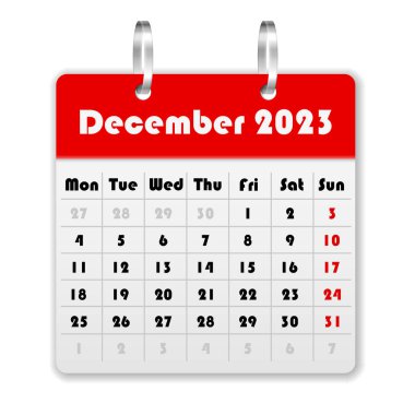Calendar December 2023 on a white background. Vector illustration.