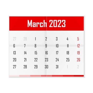 Calendar March 2023 on a white background. Vector illustration.