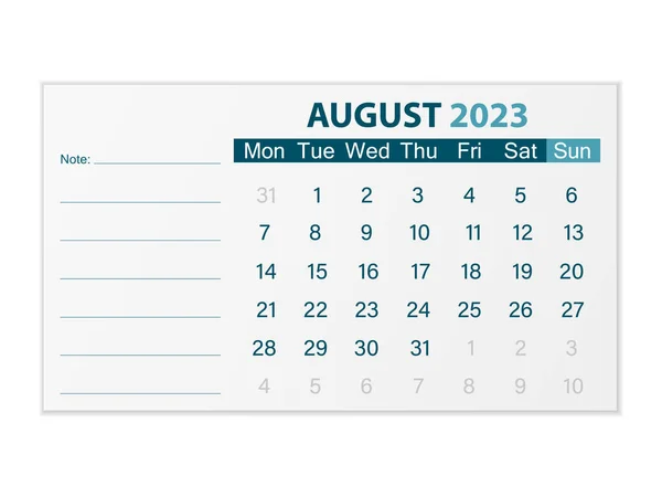Calendar August 2023 White Background Vector Illustration — Stockvector
