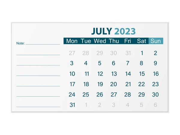 Calendar July 2023 White Background Vector Illustration — Vector de stock
