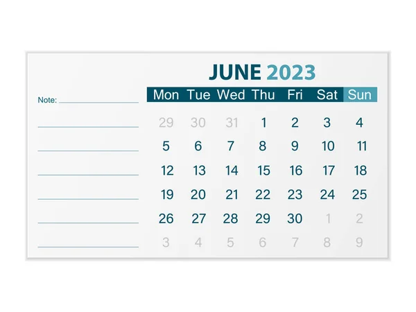 Calendar June 2023 White Background Vector Illustration — Vector de stock