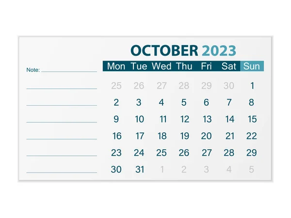 Calendar October 2023 White Background Vector Illustration —  Vetores de Stock