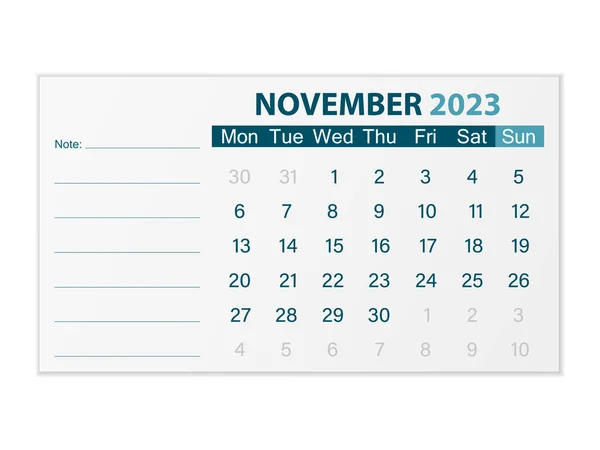 Calendar November 2023 White Background Vector Illustration —  Vetores de Stock