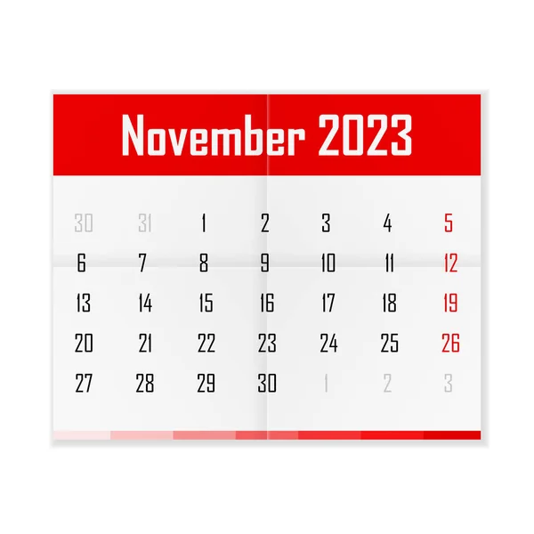 Calendar November 2023 White Background Vector Illustration —  Vetores de Stock