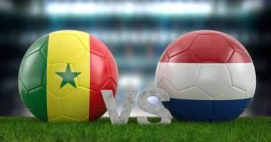 Katar 2022 Dünya Futbol Kupası grubu A Senegal Hollanda 'ya karşı. 3d illüstrasyon.