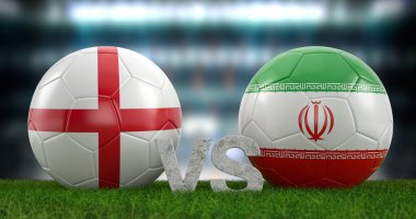 Katar 2022 Dünya Futbol Kupası grubu B İngiltere İran 'a karşı. 3d illüstrasyon.