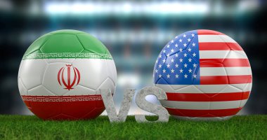 Katar 2022 Dünya Futbol Kupası grubu B İran ABD 'ye karşı. 3d illüstrasyon.