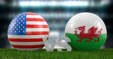 Katar 2022 Dünya Futbol Kupası Grubu B USA Galler 'e karşı. 3d illüstrasyon.
