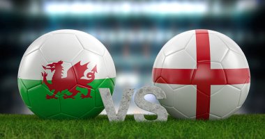 Katar 2022 Dünya Futbol Kupası grubu B Wales ve İngiltere. 3d illüstrasyon.