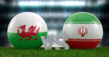 Katar 2022 Dünya Futbol Kupası grubu B Wales ve İran. 3d illüstrasyon.
