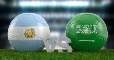 Katar 2022 Dünya Futbol Kupası C Arjantin Suudi Arabistan 'a karşı. 3d illüstrasyon.