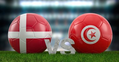 Katar 2022 Dünya Futbol Kupası grubu D Danimarka Tunus 'a karşı. 3d illüstrasyon.