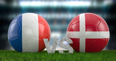 Katar 2022 Dünya Futbol Kupası grubu D Fransa Danimarka 'ya karşı. 3d illüstrasyon.