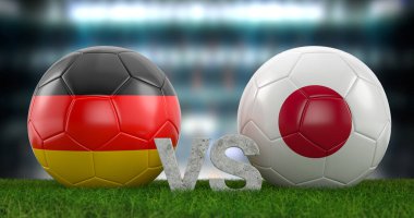 Katar 2022 Dünya Futbol Kupası grubu E Almanya Japonya 'ya karşı. 3d illüstrasyon.