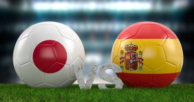 Katar 2022 Dünya Futbol Kupası grubu E Japonya İspanya 'ya karşı. 3d illüstrasyon.