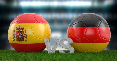 Katar 2022 Dünya Futbol Kupası grubu E İspanya Almanya 'ya karşı. 3d illüstrasyon.