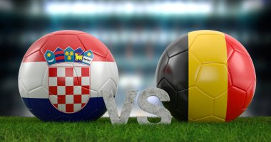 Katar 2022 Dünya Futbol Kupası grubu F Hırvatistan Belçika 'ya karşı. 3d illüstrasyon.