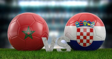 Katar 2022 Dünya Futbol Kupası grubu F Fas ve Hırvatistan. 3d illüstrasyon.