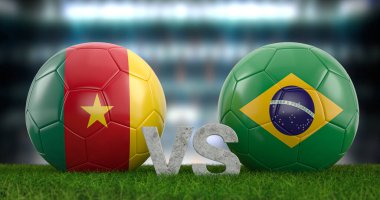 Katar 2022 Dünya Futbol Kupası grubu G Kamerun Brezilya 'ya karşı. 3d illüstrasyon.