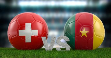 Katar 2022 Dünya Futbol Kupası grubu G İsviçre ve Kamerun. 3d illüstrasyon.