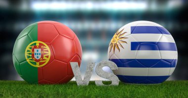 Katar 2022 Dünya Futbol Kupası grubu H Portugal ve Uruguay. 3d illüstrasyon.