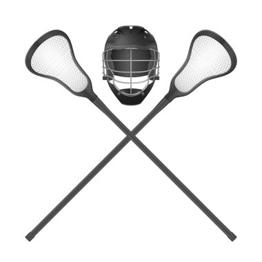 Beyaz arka planda lakros sopaları ve kask. Vektör illüstrasyonu.