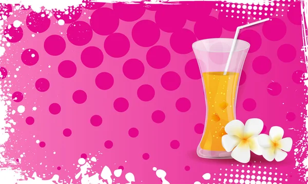 Grunge bannière avec verre de jus d'orange et fleurs de plumeria — Image vectorielle