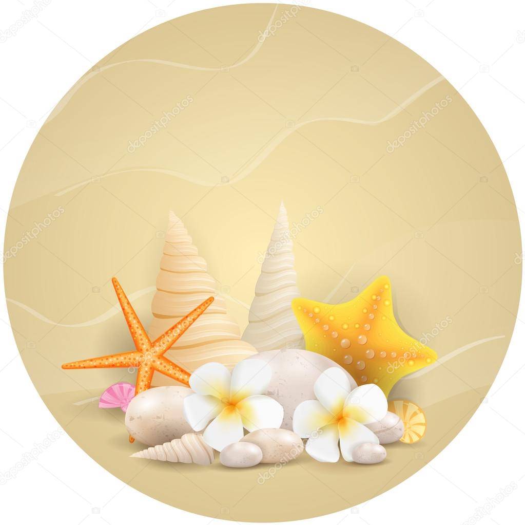 Round background with pebbles, starfishes and flowers