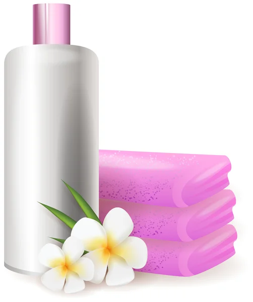 Shampoo with plumeria flowers background — Stock Vector