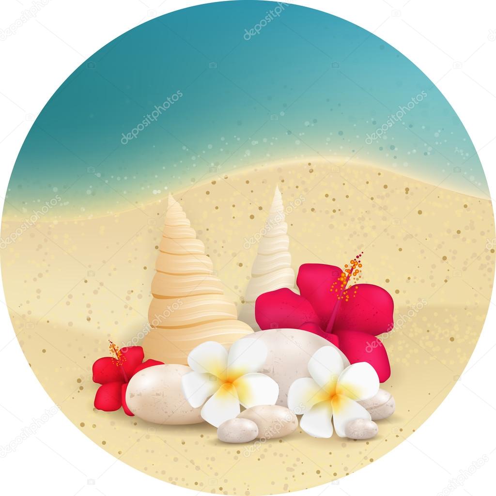 Round background with pebbles and tropical flowers