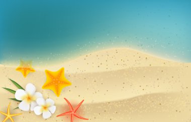 Yaz arka plan ile frangipani çiçek ve starfishes