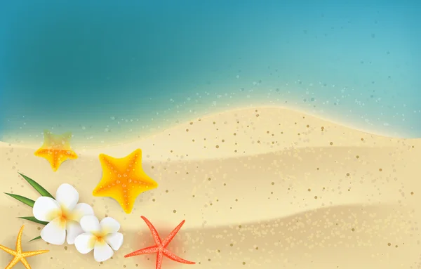 Fondo de verano con flores de frangipani y estrellas de mar — Vector de stock