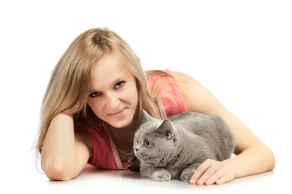 Flicka med katt — Stockfoto