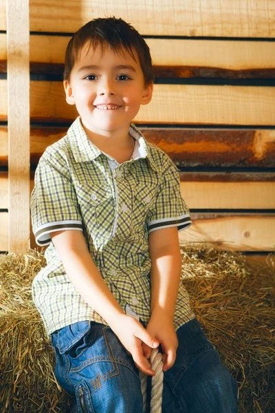 Jongen op hooizolder — Stockfoto