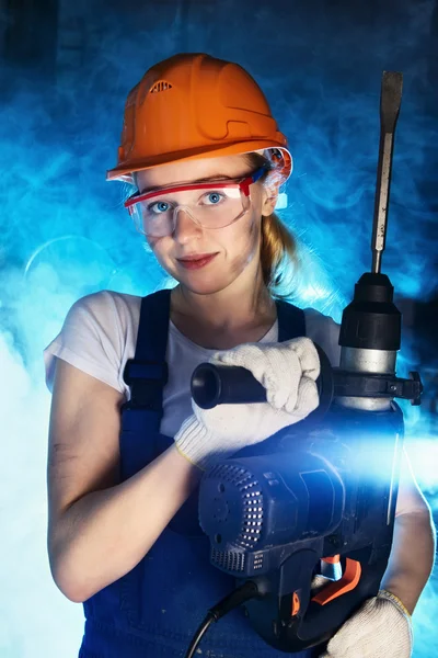 Beautiful Woman With Heavy Drill — Stock Photo, Image