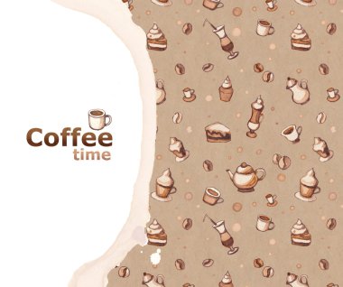 Background with drawings of coffee, cakes, cups, teapots