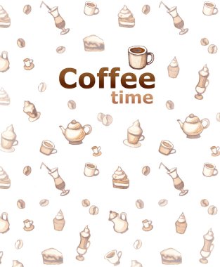 Background with drawings of coffee, cakes, cups, teapots