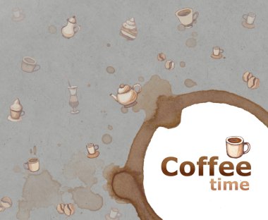 Background with drawings of coffee, cakes, cups, teapots