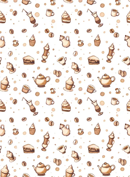 Seamless pattern with coffee, cakes, cups, teapots and coffee stains — Stock Photo, Image