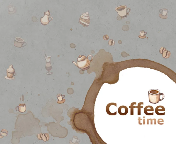 Bakgrund med teckningar av kaffe, kakor, koppar och tekannor — Stockfoto