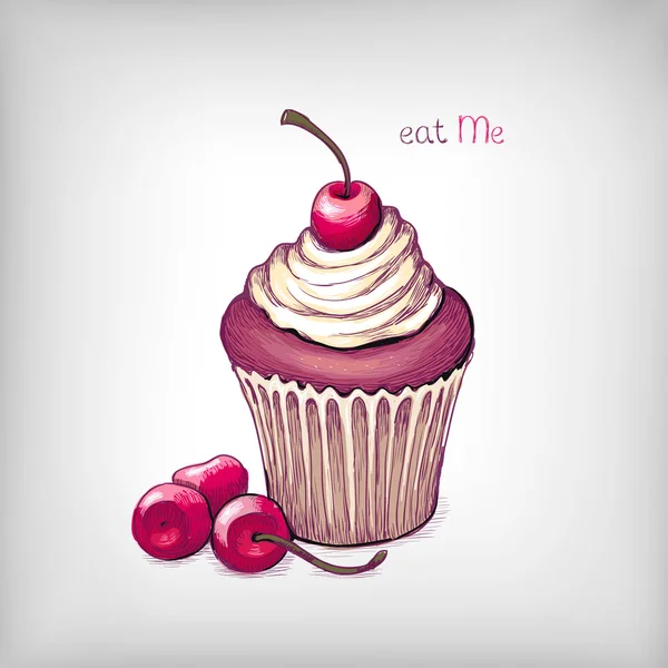 Vector hand getekende illustratie van cupcake met cherry — Stockvector