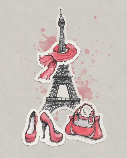 Eiffel Tower, shoes and handbag — Stock Photo, Image