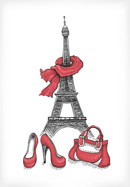 Torre Eiffel, scarpe e borsetta — Vettoriale Stock
