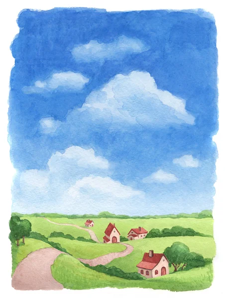 Akvarell, vidéki táj — Stock Fotó