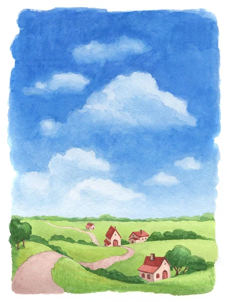 Aquarela paisagem rural — Fotografia de Stock