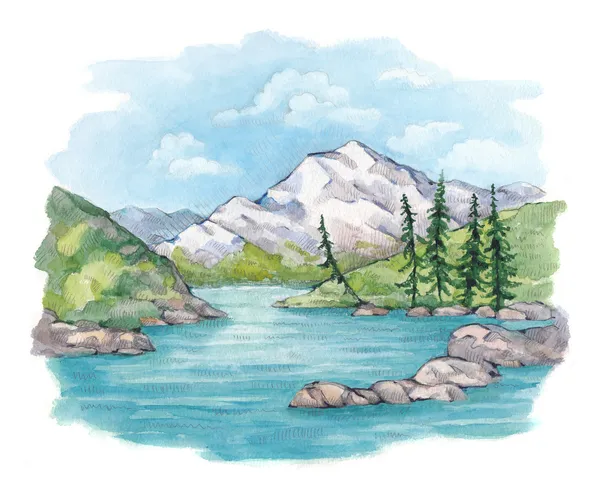 Illustration aquarelle du lac et des montagnes — Photo