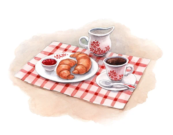 Ilustração aquarela do café da manhã com croissants e café — Fotografia de Stock