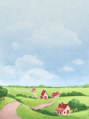 kırsal manzara suluboya çizimi