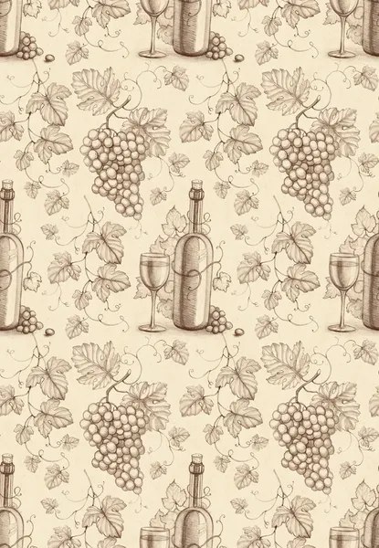 Modèle sans couture avec dessin au crayon de bouteille de vin et de raisin — Photo