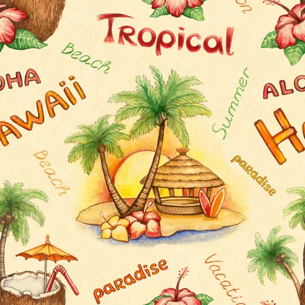 Acquerello modello senza soluzione di continuità. Illustrazione di un paradiso tropicale — Foto Stock